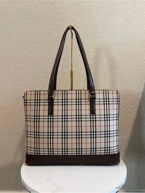 Burberry Classic Plaid Tote Bag with Brown Trim